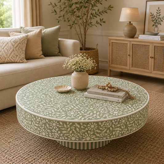 Handcrafted Big Floral Bone Inlay Round Coffee Table | Luxury Indian Artisan Coffee Table