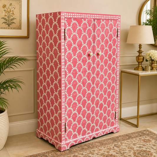 Handcrafted Bone Inlay Scallop Pattern Wardrobe Cabinet | Luxury Wooden Storage Armoire | JOTDECOR