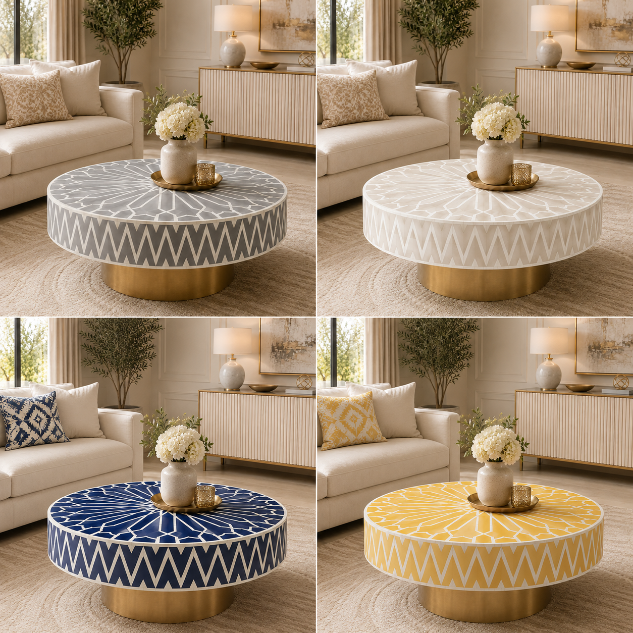 Handcrafted Emerald Green Bone Inlay Geometric Round Coffee Table with Brass Pedestal Base