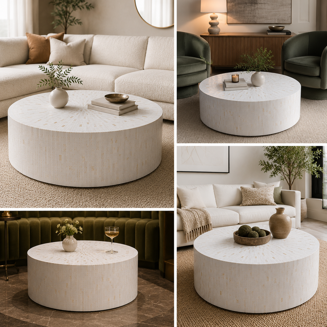Luxury White Bone Inlay Round Coffee Table | Handmade Modern Living Room Center Table
