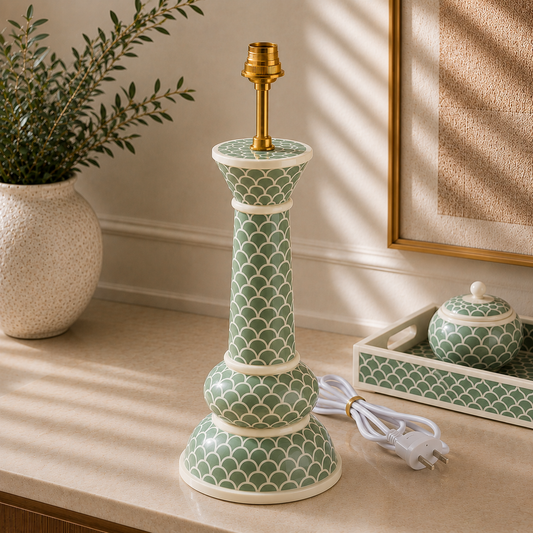 Handcrafted Bone Inlay Scallop Table Lamp Base | Luxury Decorative Accent Lamp | Available in Grey, Navy Blue, Pink, Sage Green & Turquoise | JOTDECOR