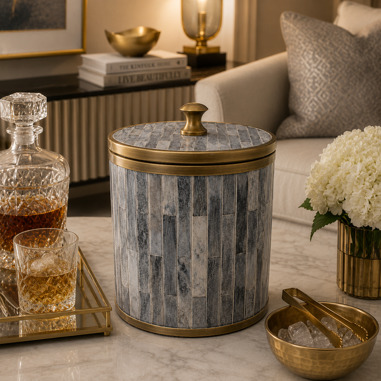 Handcrafted Bone Inlay Ice Bucket with Antique Brass Trim | Luxury Barware