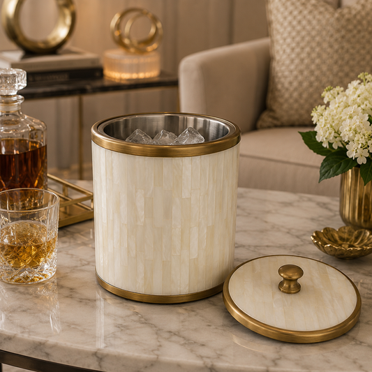 Handcrafted Bone Inlay Ice Bucket with Antique Brass Trim | Luxury Barware