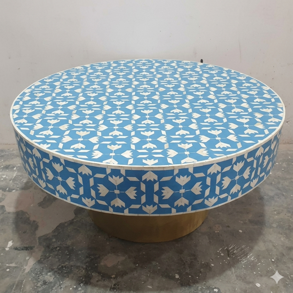 Handcrafted Floral Bone Inlay Round Coffee Table