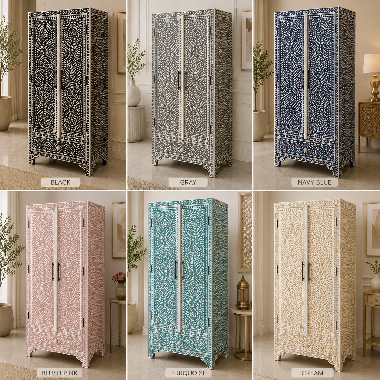 Handcrafted Floral Vine Mother Of Pearl Inlay Cabinet | Luxury Storage Cabinet | JOTDECOR