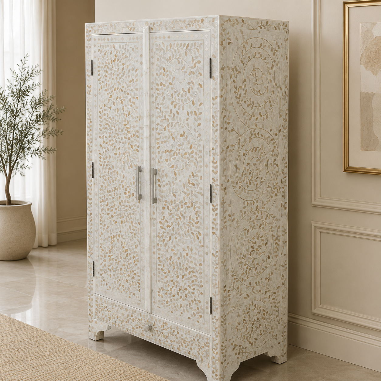 Handcrafted Bone Inlay Floral Vine Pattern Wardrobe Cabinet with Drawer | Luxury Black & White 2-Door Armoire