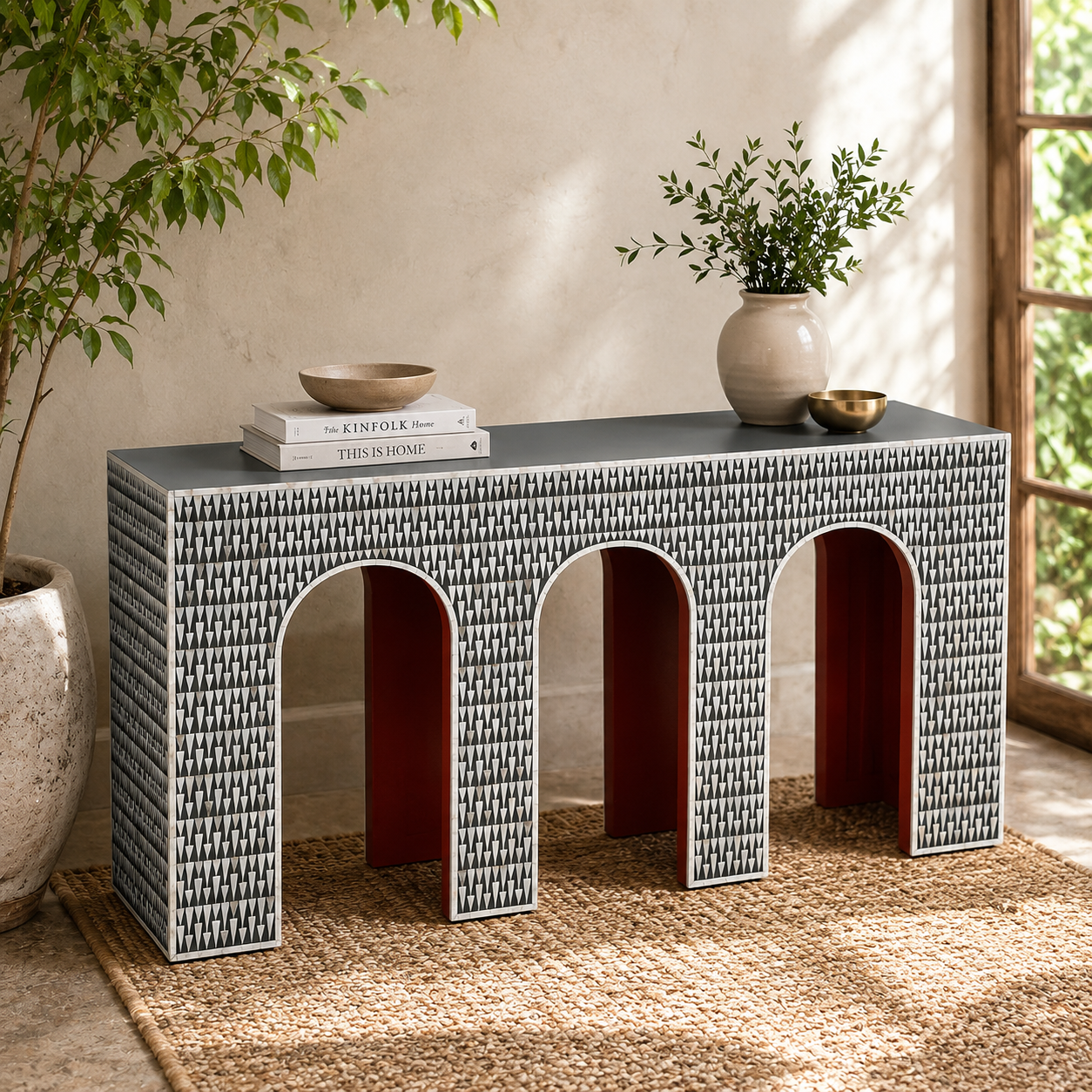 Handcrafted Mother of Pearl Inlay Geometric Triangle Console Table | Luxury Arch Design Entryway Console | JOTDECOR