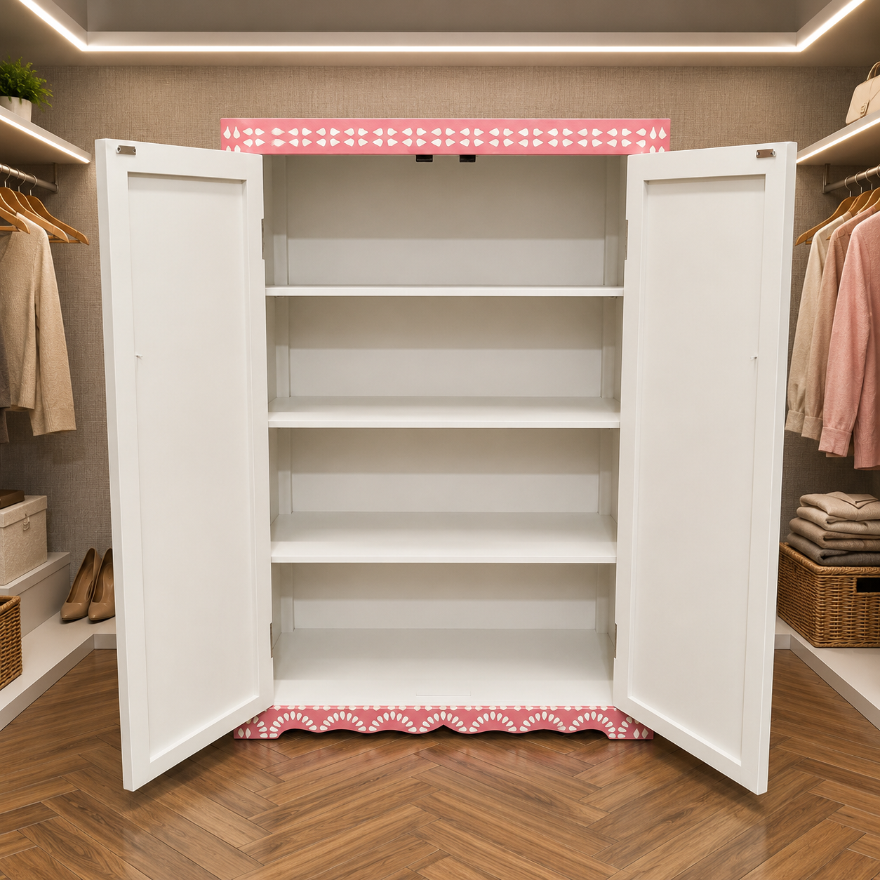 Handcrafted Bone Inlay Scallop Pattern Wardrobe Cabinet | Luxury Wooden Storage Armoire | JOTDECOR