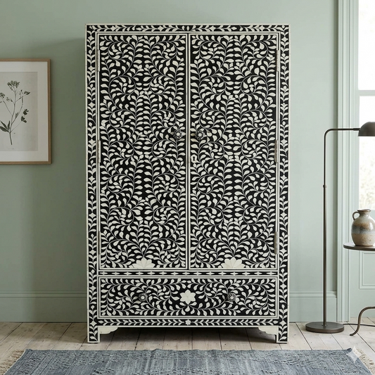 Handcrafted Bone Inlay Floral Vine Pattern Wardrobe Cabinet with Drawer | Luxury Black & White 2-Door Armoire