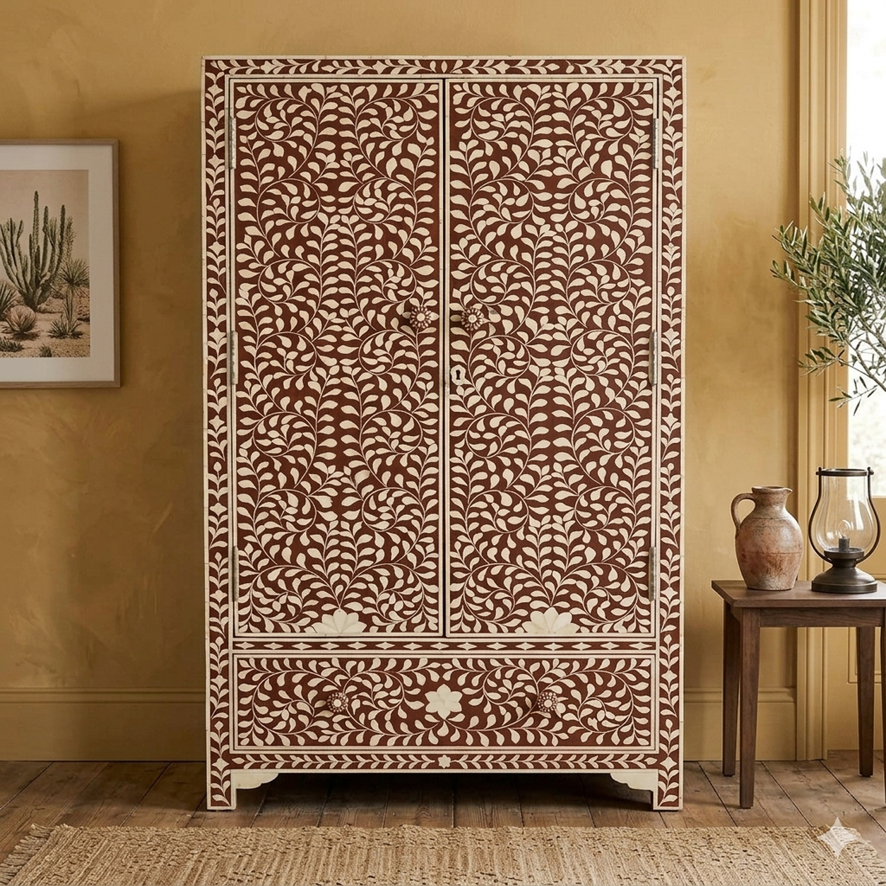 Handcrafted Bone Inlay Floral Vine Pattern Wardrobe Cabinet with Drawer | Luxury Black & White 2-Door Armoire