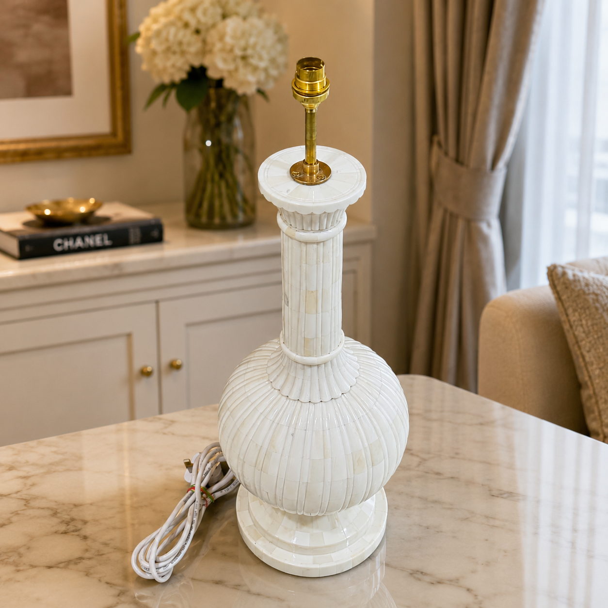 Handcrafted Bone Inlay Table Lamp Base – Ivory White