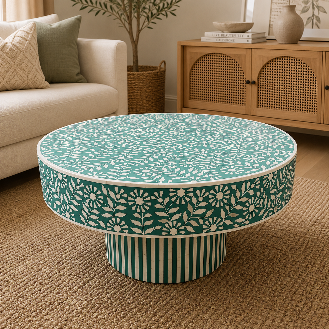 Handcrafted Big Floral Bone Inlay Round Coffee Table | Luxury Indian Artisan Coffee Table