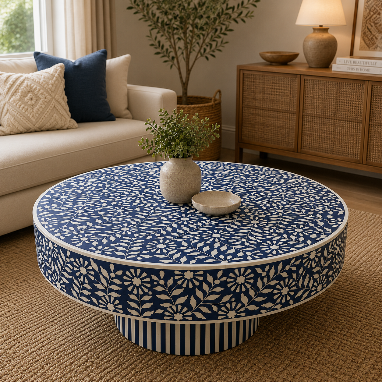Handcrafted Big Floral Bone Inlay Round Coffee Table | Luxury Indian Artisan Coffee Table