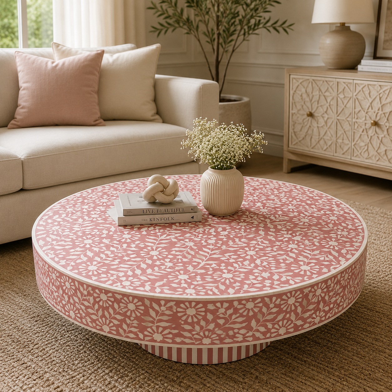 Handcrafted Big Floral Bone Inlay Round Coffee Table | Luxury Indian Artisan Coffee Table