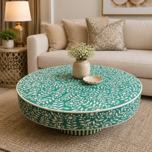 Handcrafted Big Floral Bone Inlay Round Coffee Table | Luxury Indian Artisan Coffee Table
