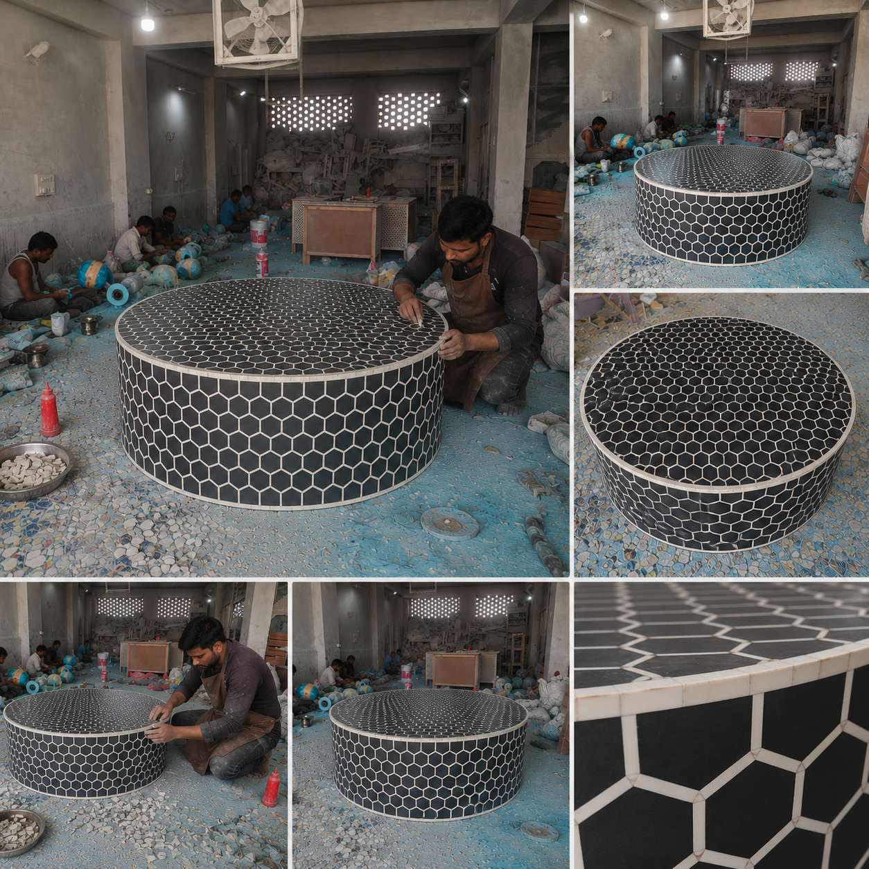 Luxury Honeycomb Bone Inlay Round Coffee Table – Handcrafted Black & White Inlay Center Table | JOTDECOR