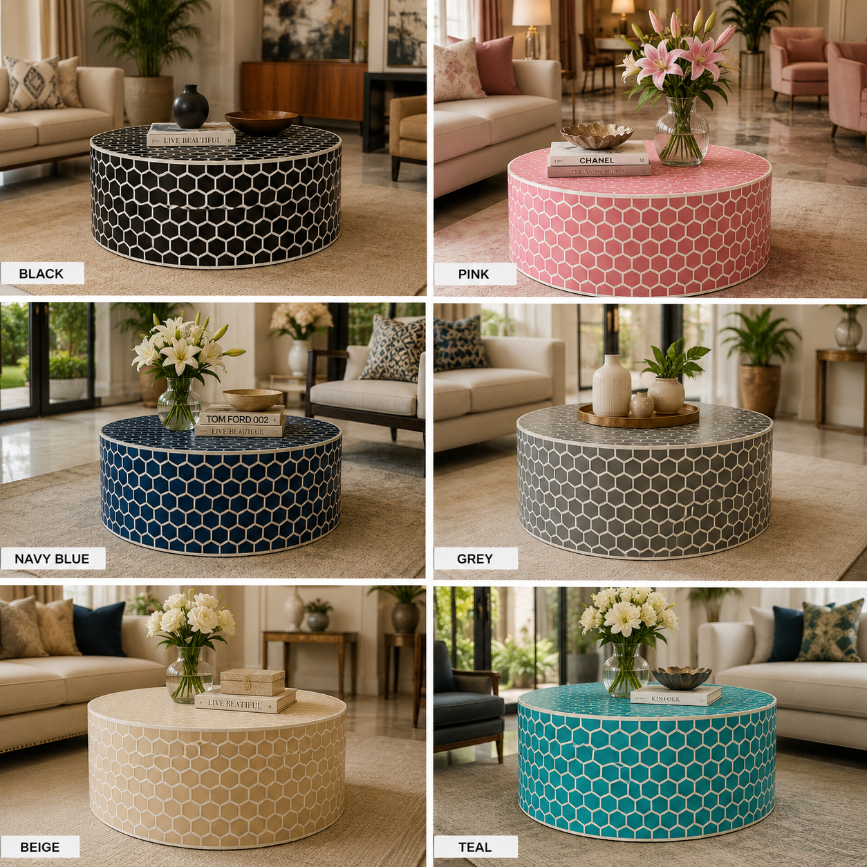 Luxury Honeycomb Bone Inlay Round Coffee Table – Handcrafted Black & White Inlay Center Table | JOTDECOR