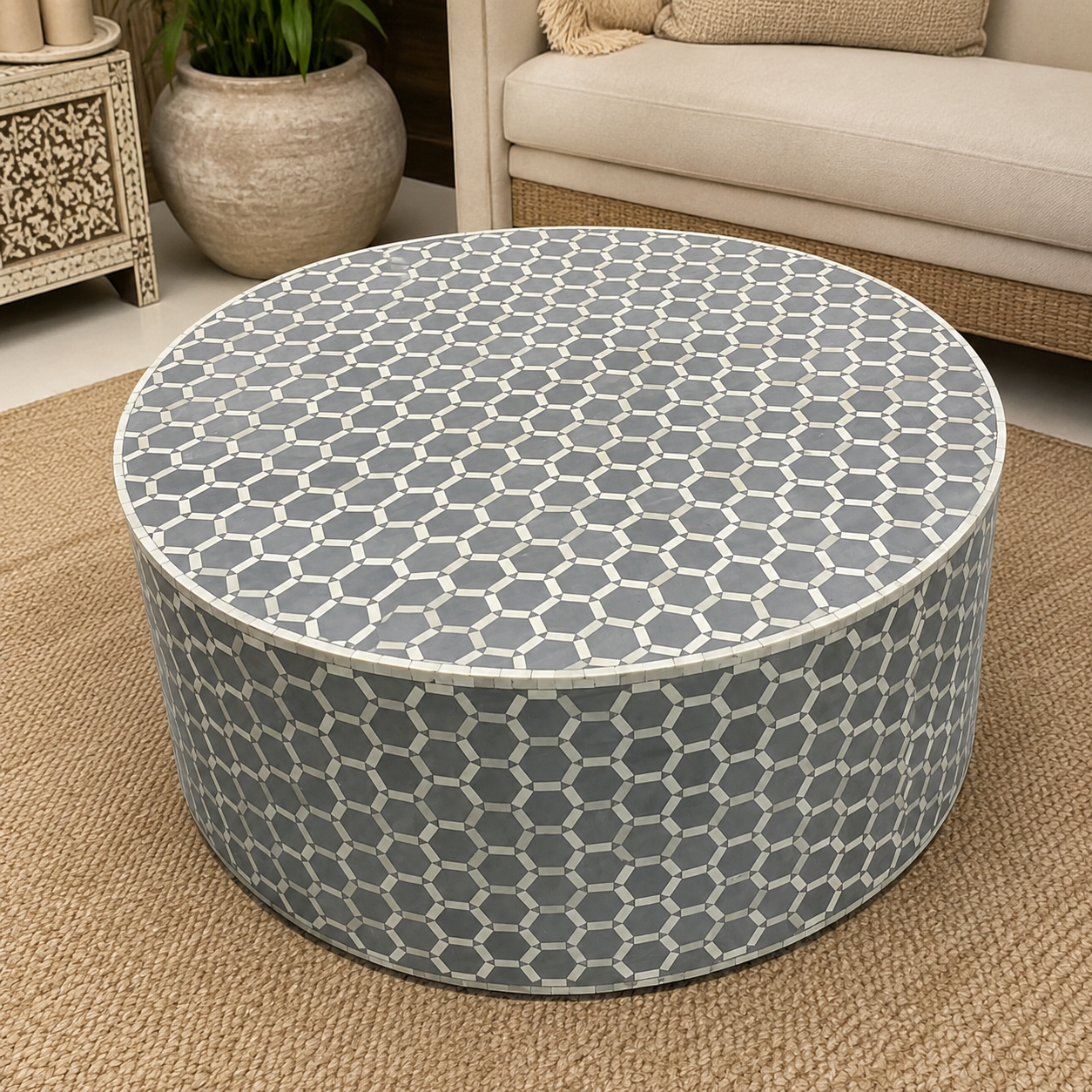Luxury Honeycomb Bone Inlay Round Coffee Table – Handcrafted Black & White Inlay Center Table | JOTDECOR