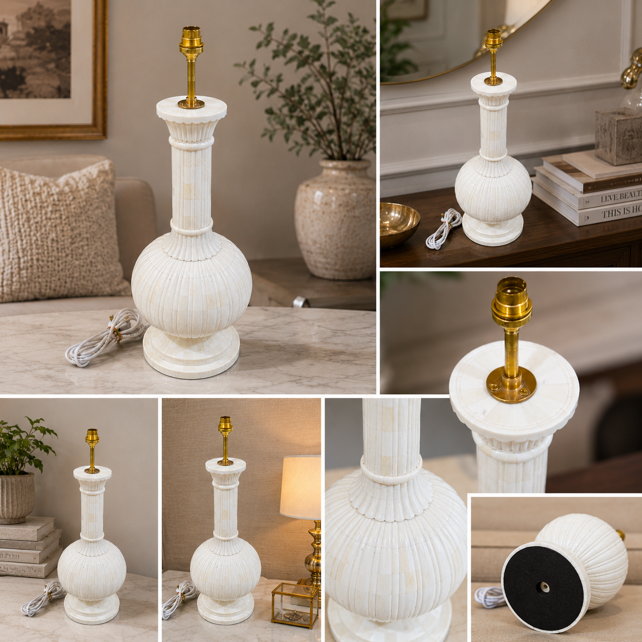 Handcrafted Bone Inlay Table Lamp Base – Ivory White