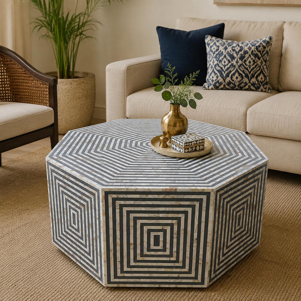 Octagonal Bone Inlay Coffee Table – Black & White Geometric Pattern