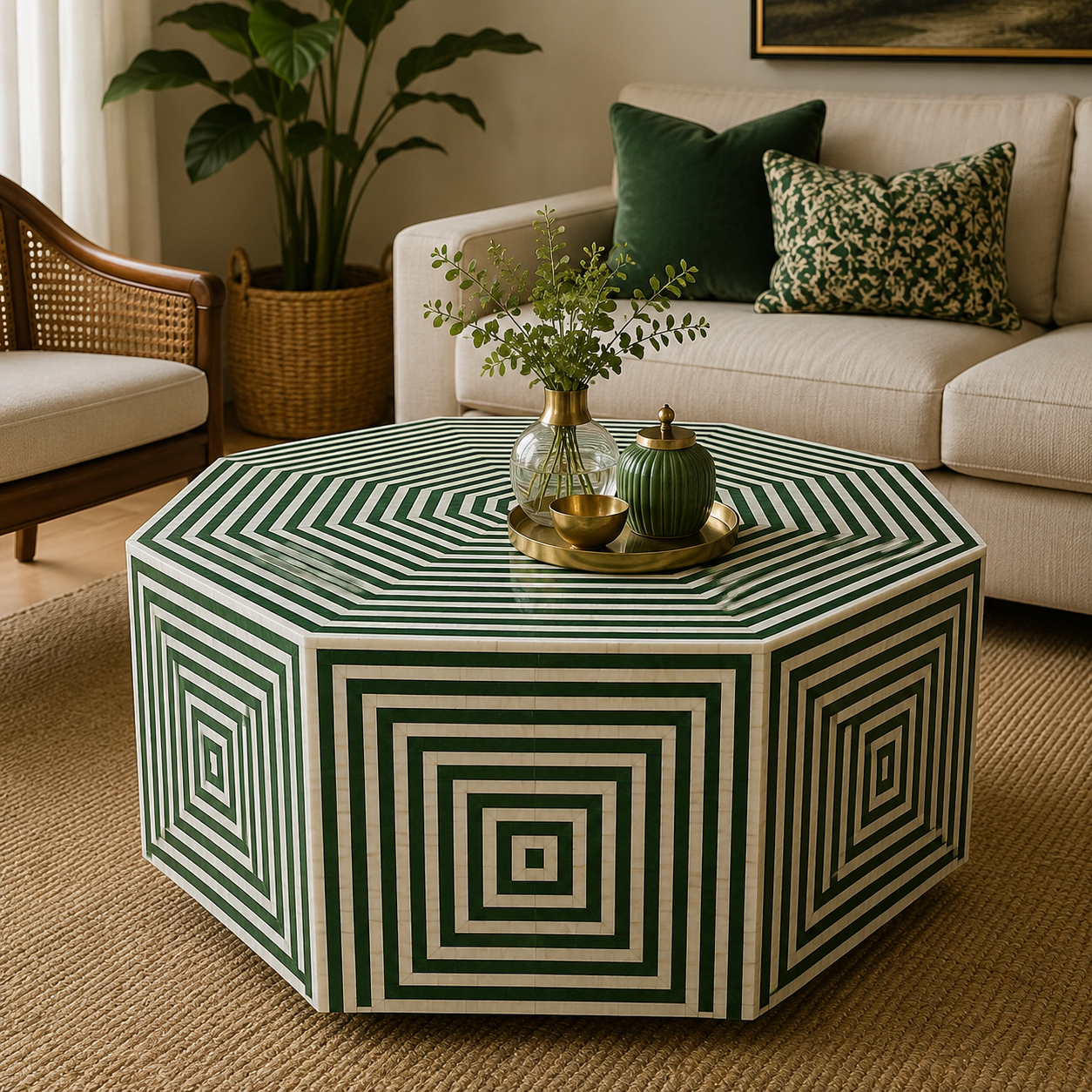 Octagonal Bone Inlay Coffee Table – Black & White Geometric Pattern