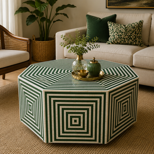 Octagonal Bone Inlay Coffee Table – Black & White Geometric Pattern