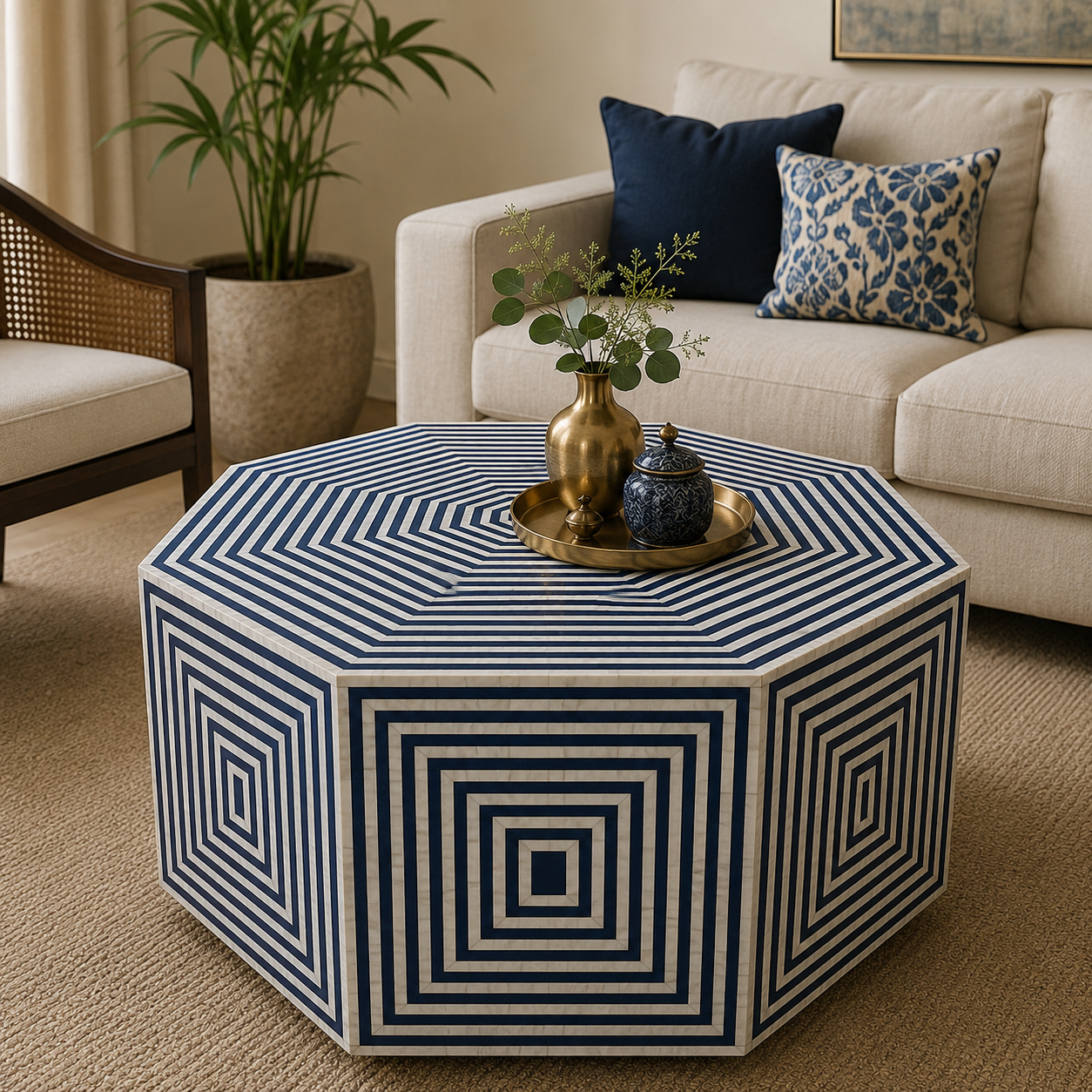 Octagonal Bone Inlay Coffee Table – Black & White Geometric Pattern