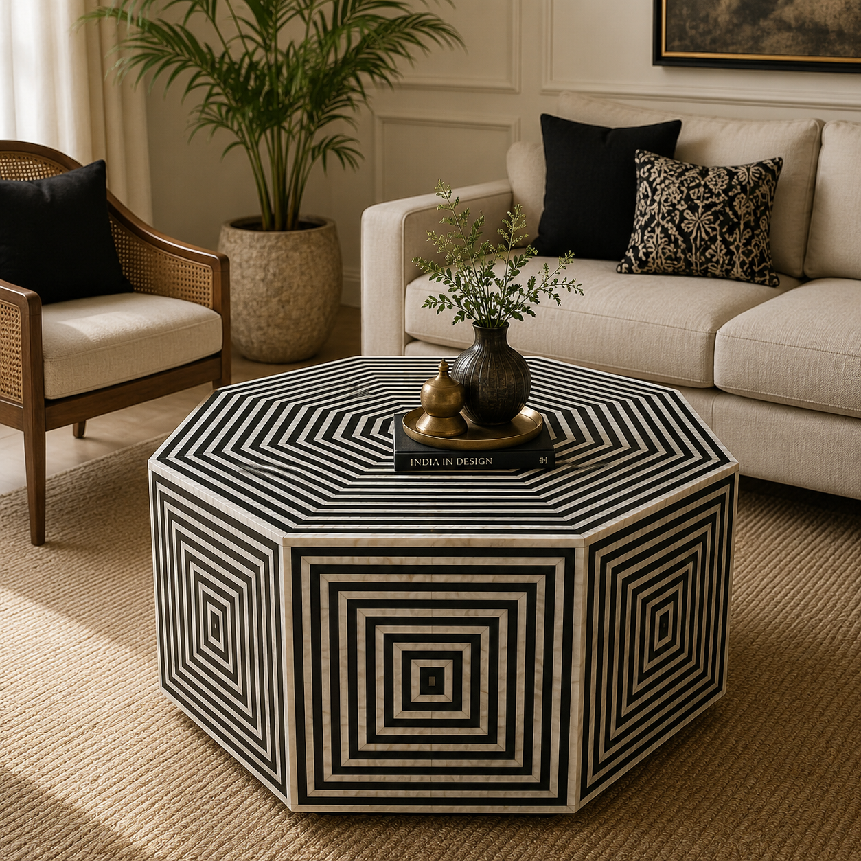 Octagonal Bone Inlay Coffee Table – Black & White Geometric Pattern