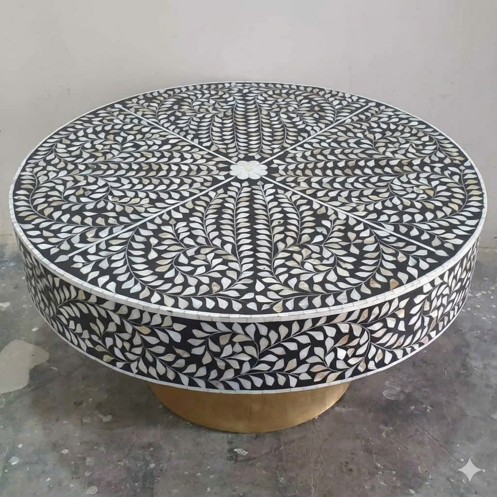 Handcrafted Black Mother of Pearl Floral Vine Round Coffee Table with Brass Base