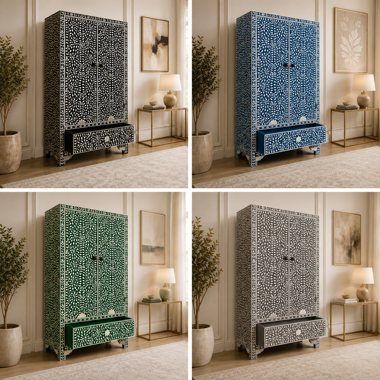 Handcrafted Bone Inlay Floral Vine Pattern Wardrobe Cabinet with Drawer | Luxury Black & White 2-Door Armoire
