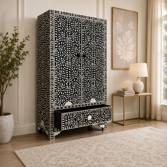 Handcrafted Bone Inlay Floral Vine Pattern Wardrobe Cabinet with Drawer | Luxury Black & White 2-Door Armoire