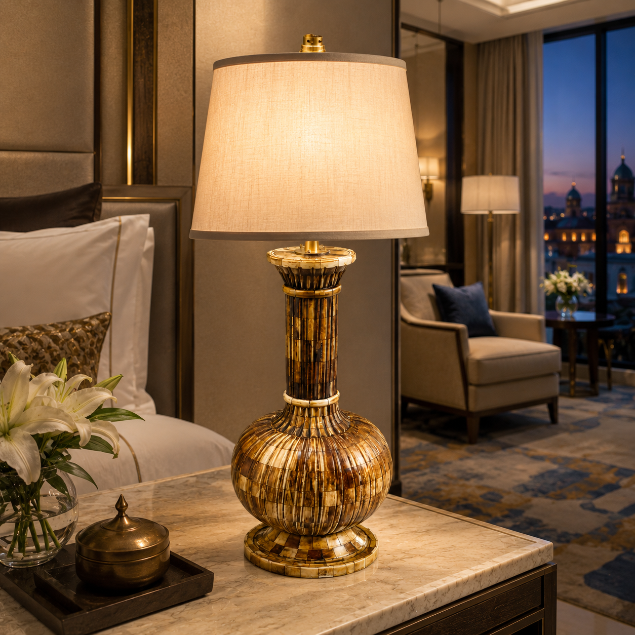 Luxury White Bone Inlay Carving Table Lamp
