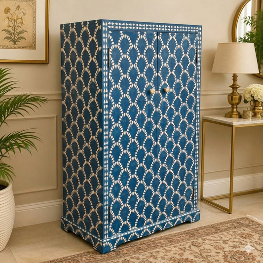 Handcrafted Bone Inlay Scallop Pattern Wardrobe Cabinet | Luxury Wooden Storage Armoire | JOTDECOR