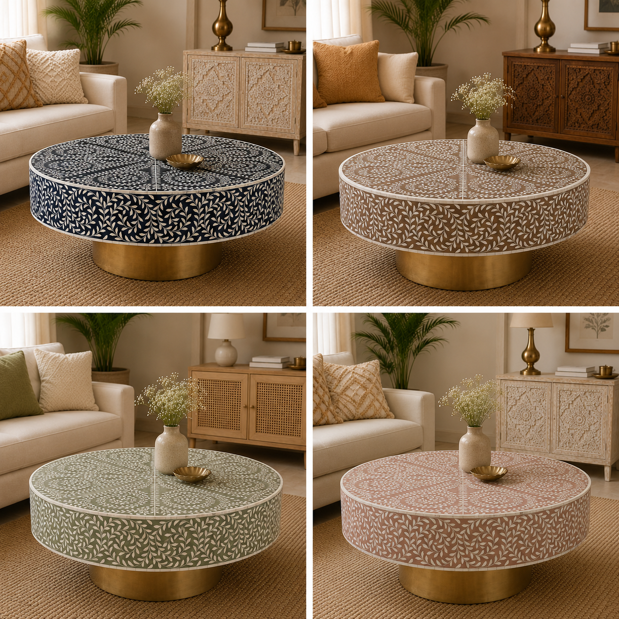 Handcrafted Black Mother of Pearl Floral Vine Round Coffee Table with Brass Base