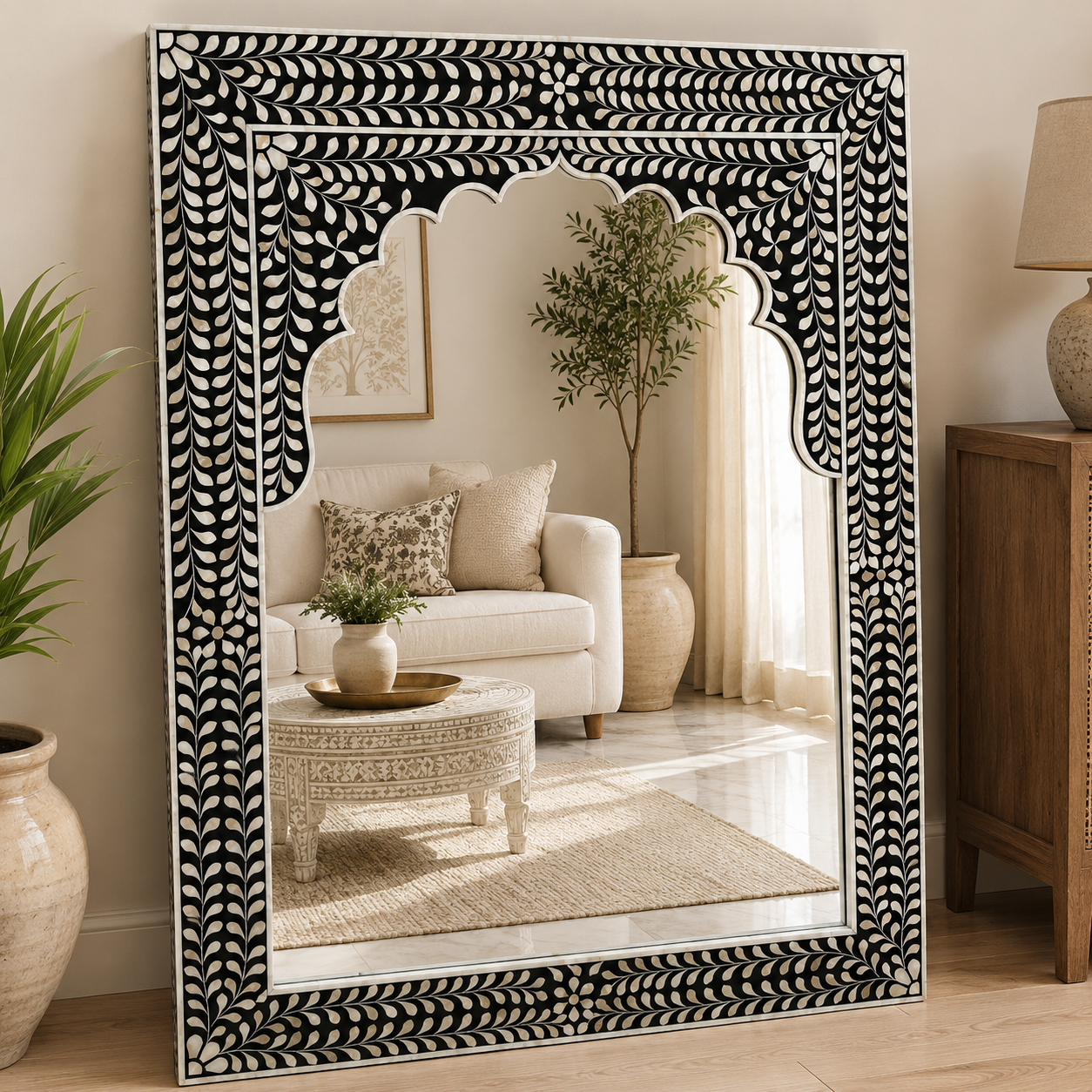 Handcrafted White Mother Of Pearl Inlay Arch Wall Mirror | Luxury Decorative Dressing & Entryway Mirror | JOTDECOR