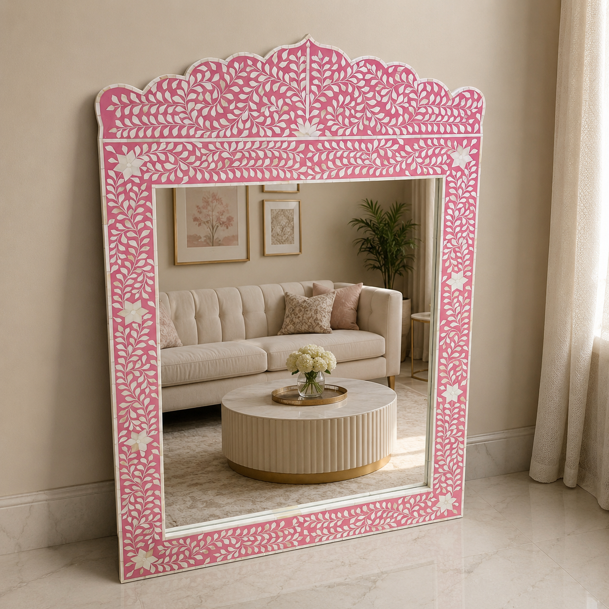 Handcrafted Pink Bone Inlay Floral Vine Mirror | Luxury Decorative Wall Mirror | JOTDECOR