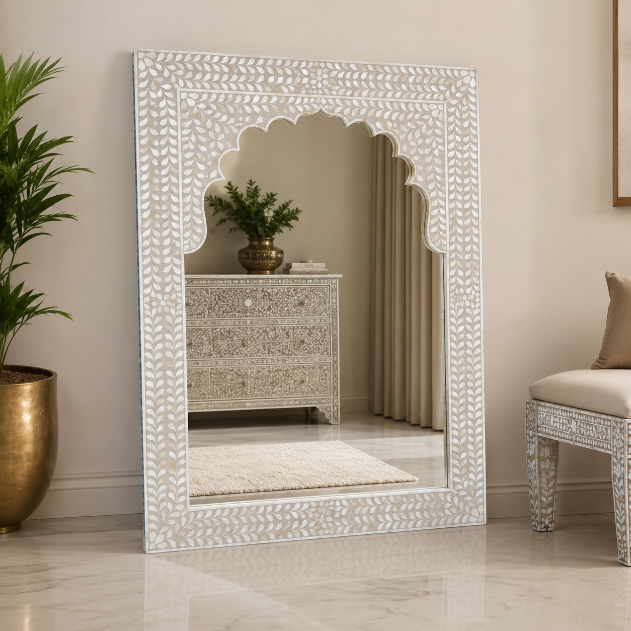 Handcrafted White Mother Of Pearl Inlay Arch Wall Mirror | Luxury Decorative Dressing & Entryway Mirror | JOTDECOR