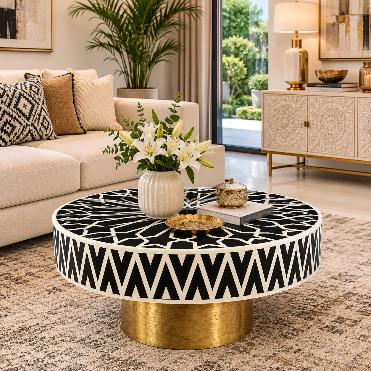 Handcrafted Emerald Green Bone Inlay Geometric Round Coffee Table with Brass Pedestal Base
