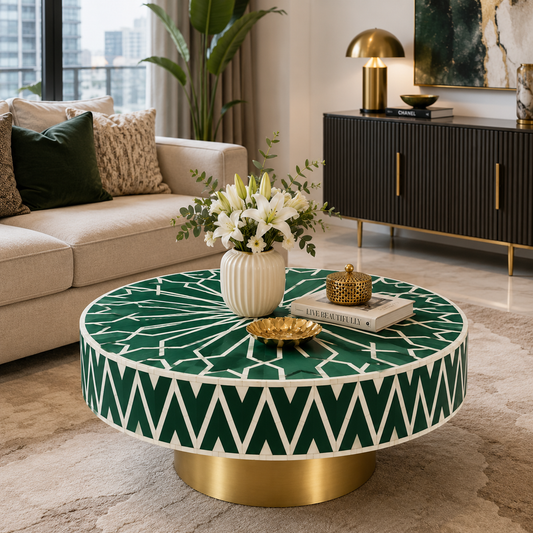 Handcrafted Emerald Green Bone Inlay Geometric Round Coffee Table with Brass Pedestal Base