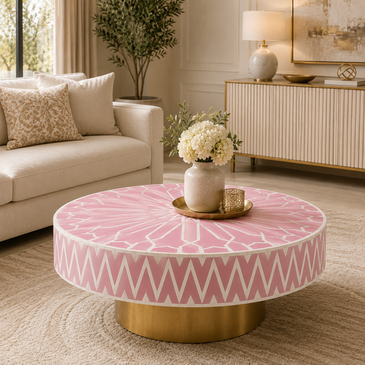 Handcrafted Emerald Green Bone Inlay Geometric Round Coffee Table with Brass Pedestal Base