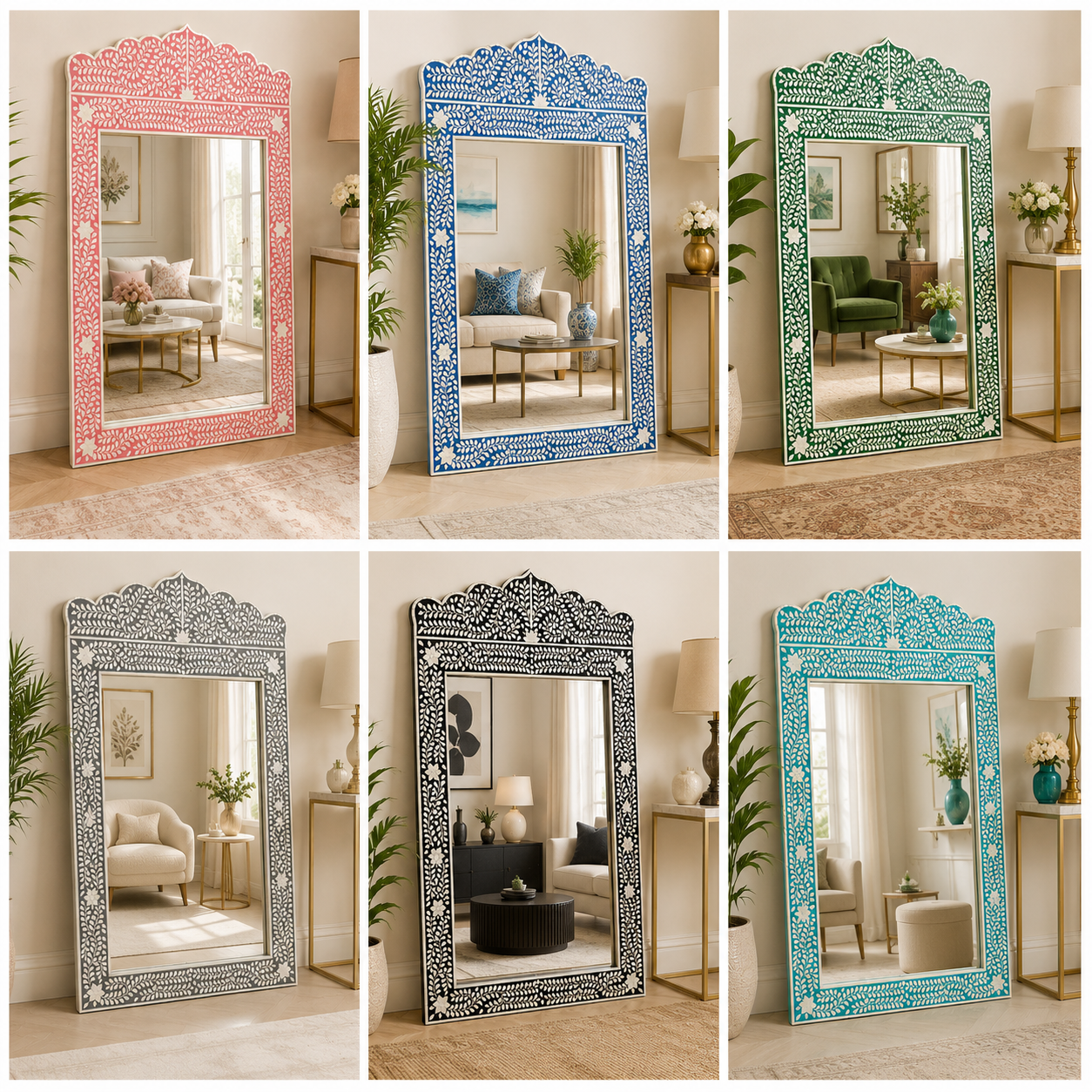 Handcrafted Pink Bone Inlay Floral Vine Mirror | Luxury Decorative Wall Mirror | JOTDECOR