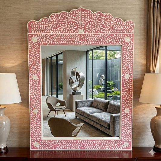 Handcrafted Pink Bone Inlay Floral Vine Mirror | Luxury Decorative Wall Mirror | JOTDECOR