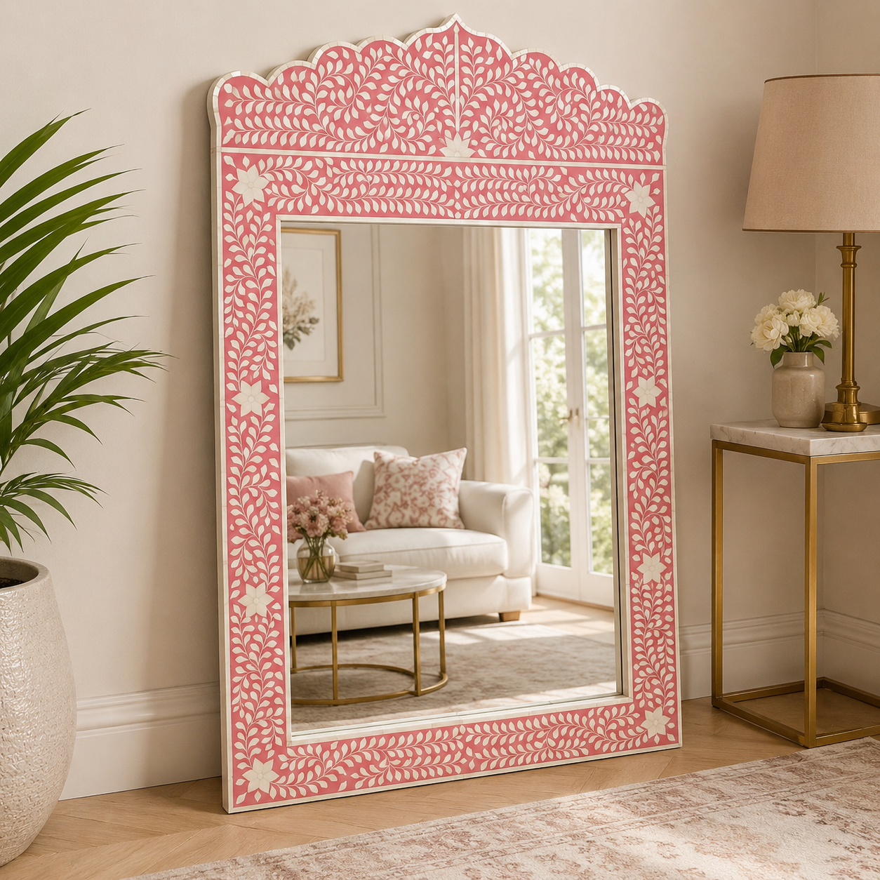 Handcrafted Pink Bone Inlay Floral Vine Mirror | Luxury Decorative Wall Mirror | JOTDECOR