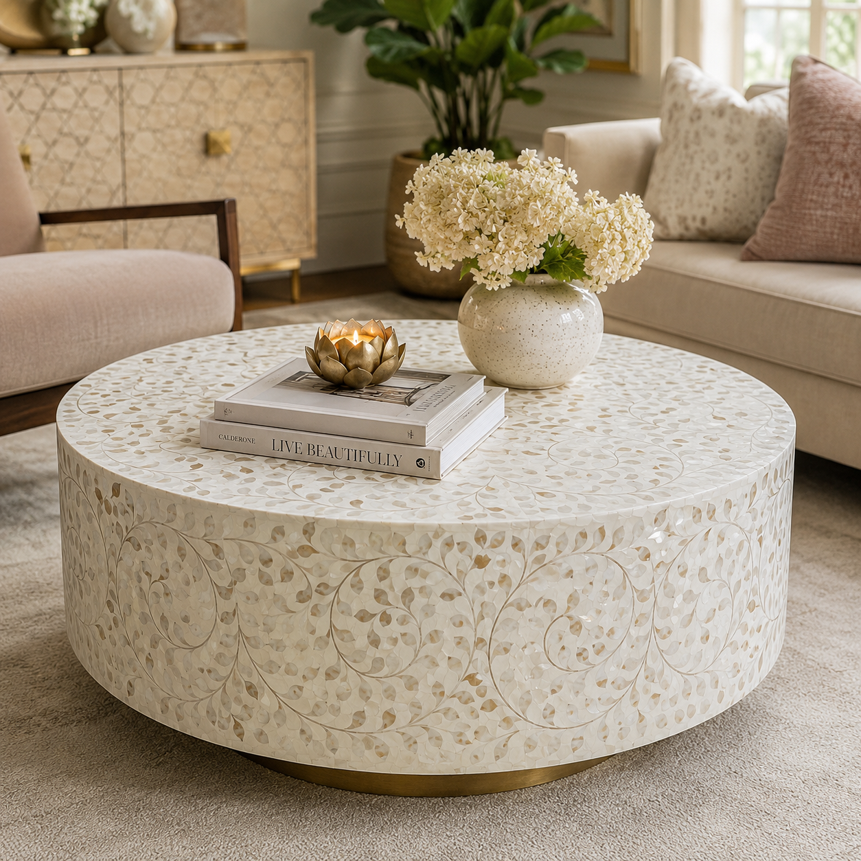 Handcrafted Mother of Pearl Inlay Round Coffee Table – Leaf Vine Floral Pattern | Luxury Living Room Center Table | JOTDECOR