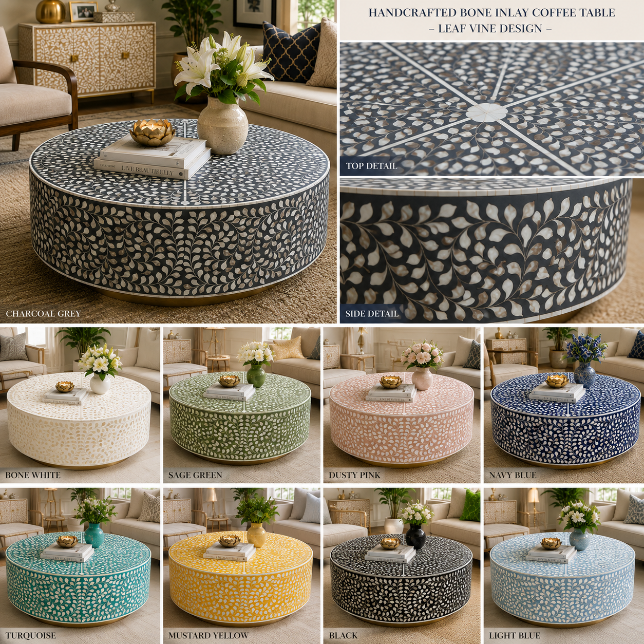 Handcrafted Mother of Pearl Inlay Round Coffee Table – Leaf Vine Floral Pattern | Luxury Living Room Center Table | JOTDECOR