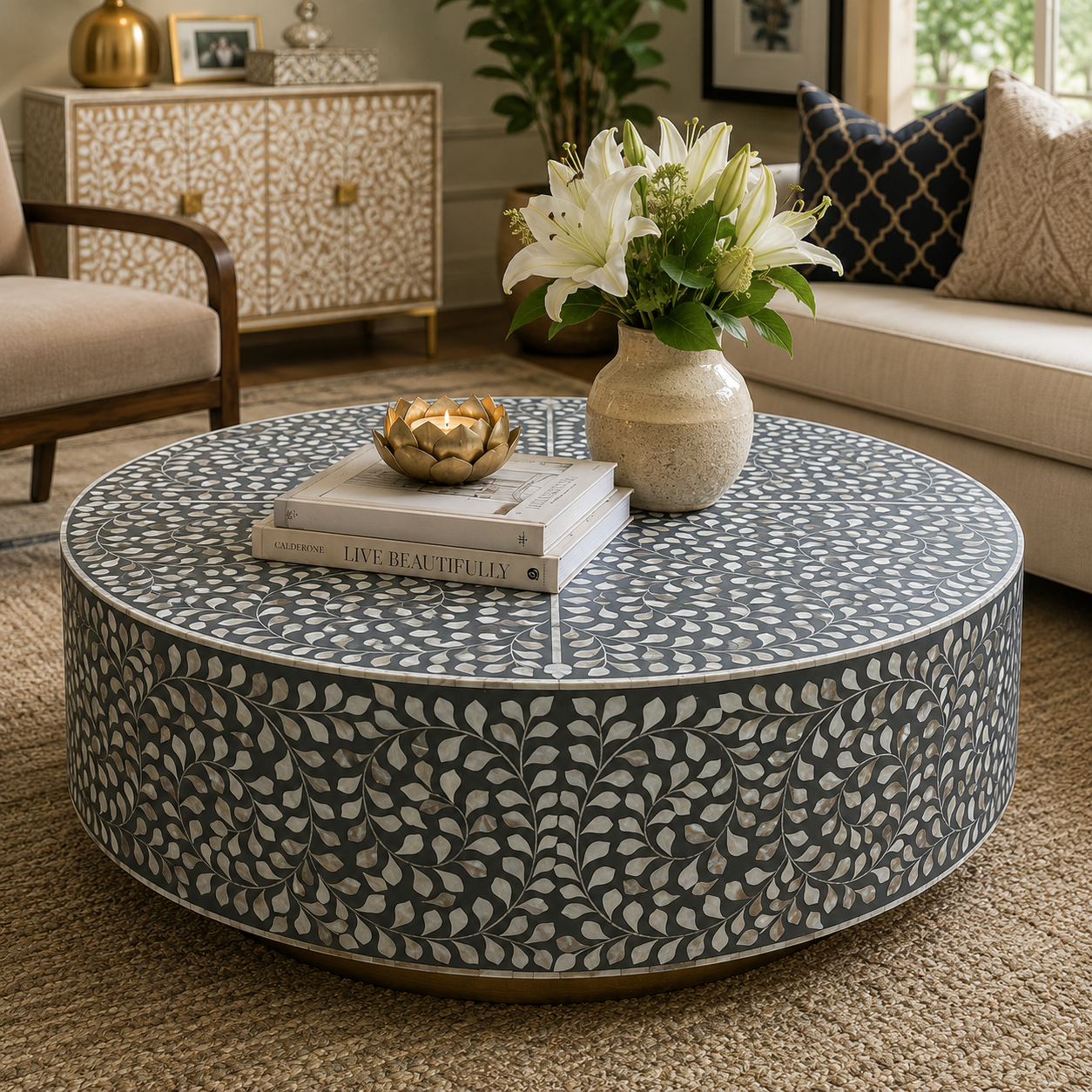 Handcrafted Mother of Pearl Inlay Round Coffee Table – Leaf Vine Floral Pattern | Luxury Living Room Center Table | JOTDECOR