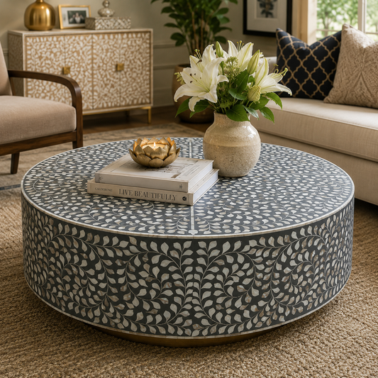Handcrafted Mother of Pearl Inlay Round Coffee Table – Leaf Vine Floral Pattern | Luxury Living Room Center Table | JOTDECOR