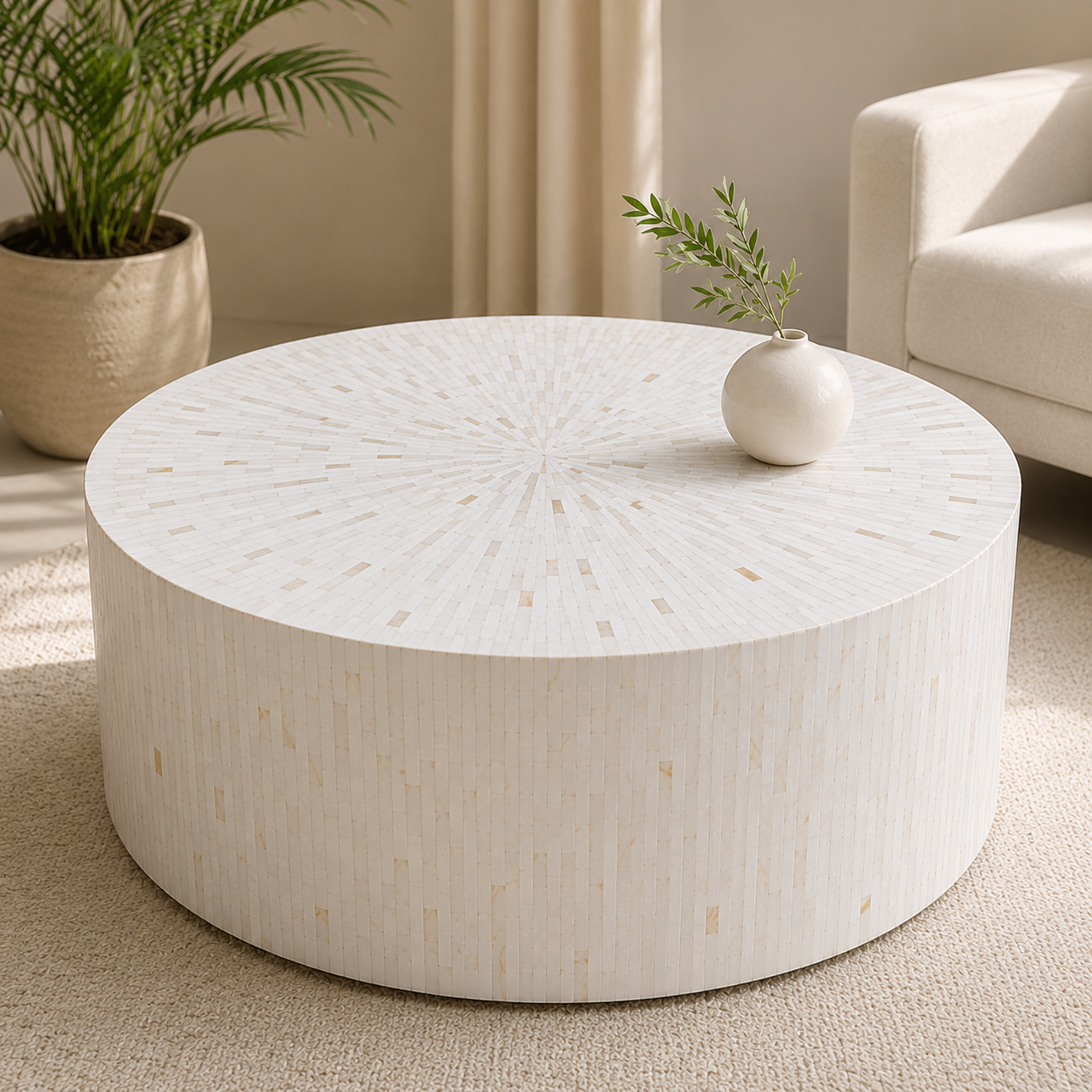 Luxury White Bone Inlay Round Coffee Table | Handmade Modern Living Room Center Table