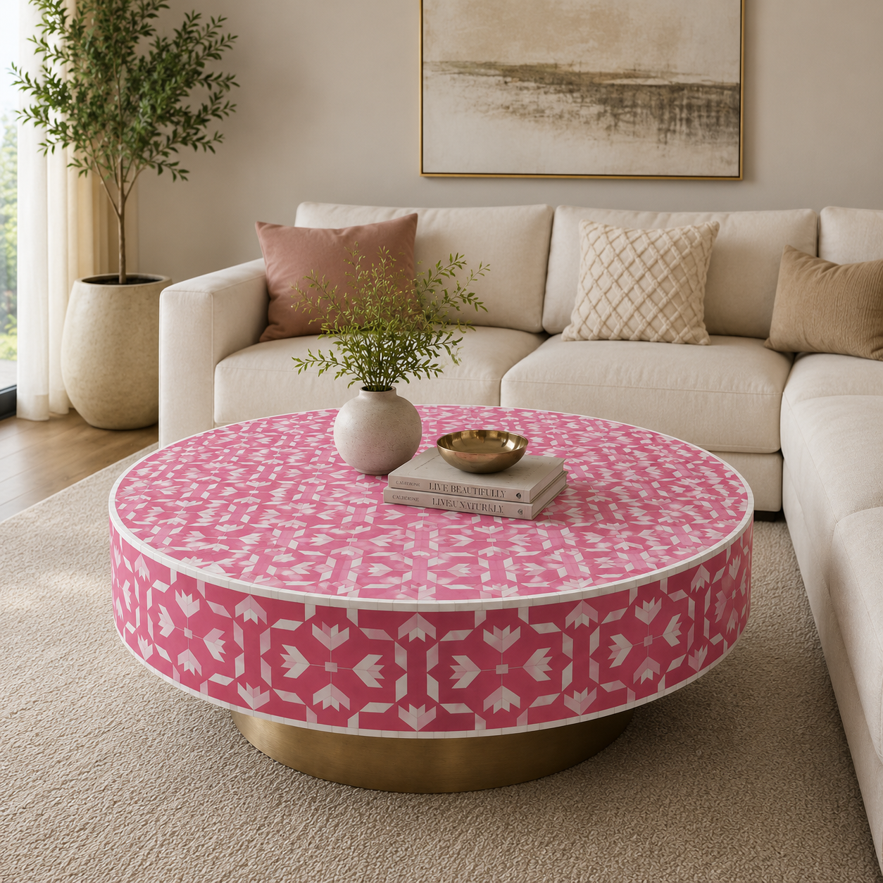 Handcrafted Floral Bone Inlay Round Coffee Table