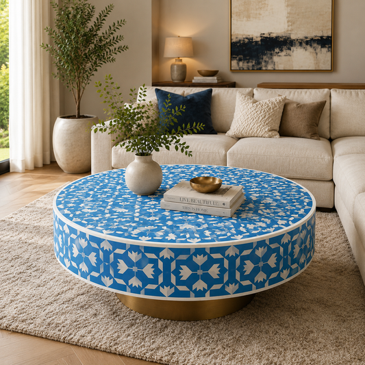 Handcrafted Floral Bone Inlay Round Coffee Table
